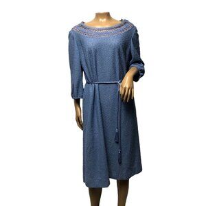 Leslie Pomer Blue Textured Boucle Dress Womens Size 14.5 Crochet Neck Vintage